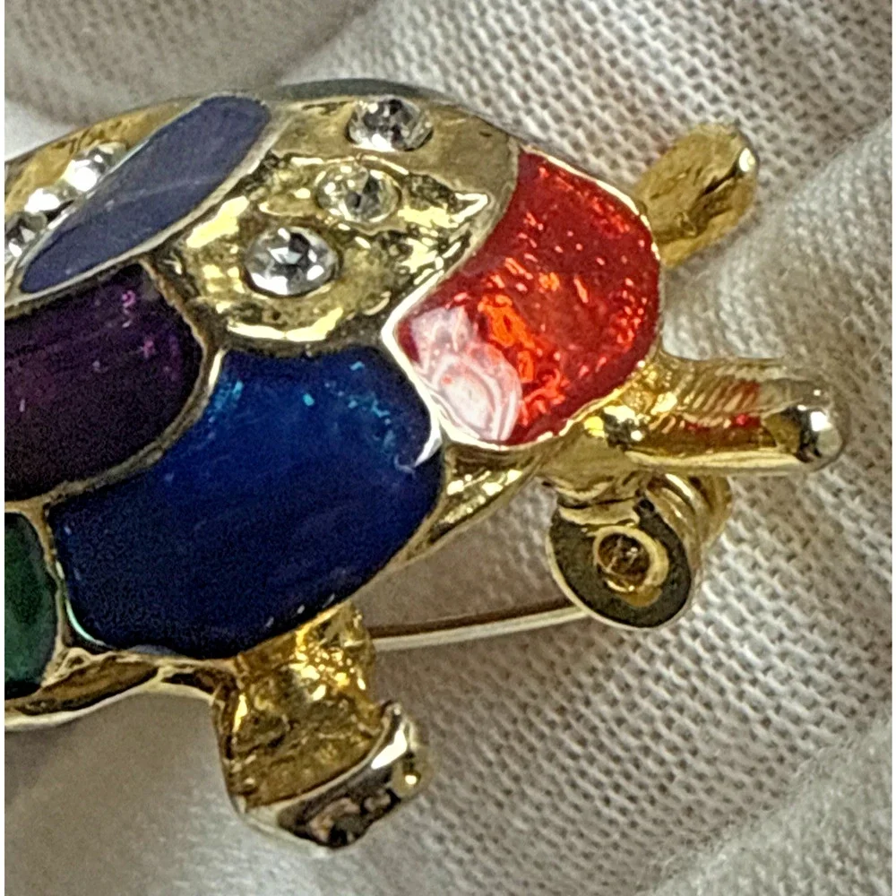 Vintage Rhinestone Guilloche Enamel Painted Turtle Tortoise Brooch Pin